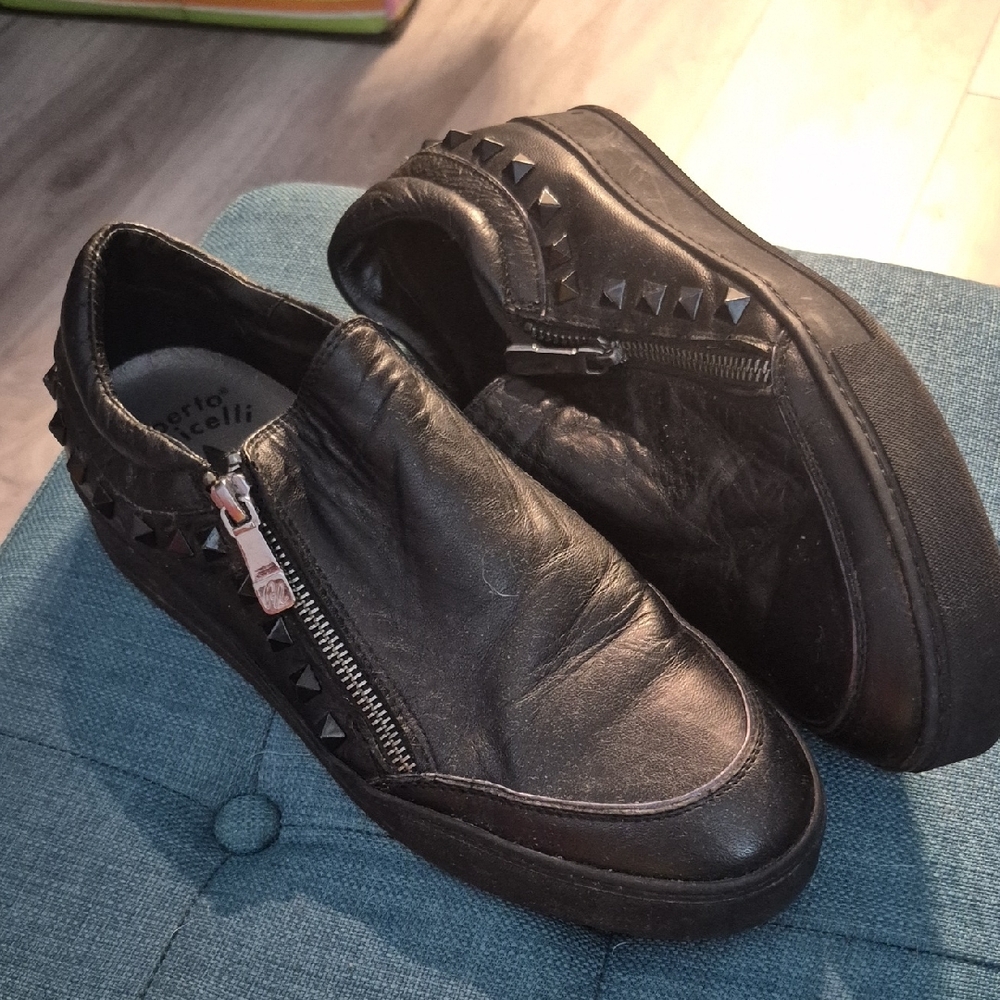 Unisex Black Leather Slip-On Shoes with Studs